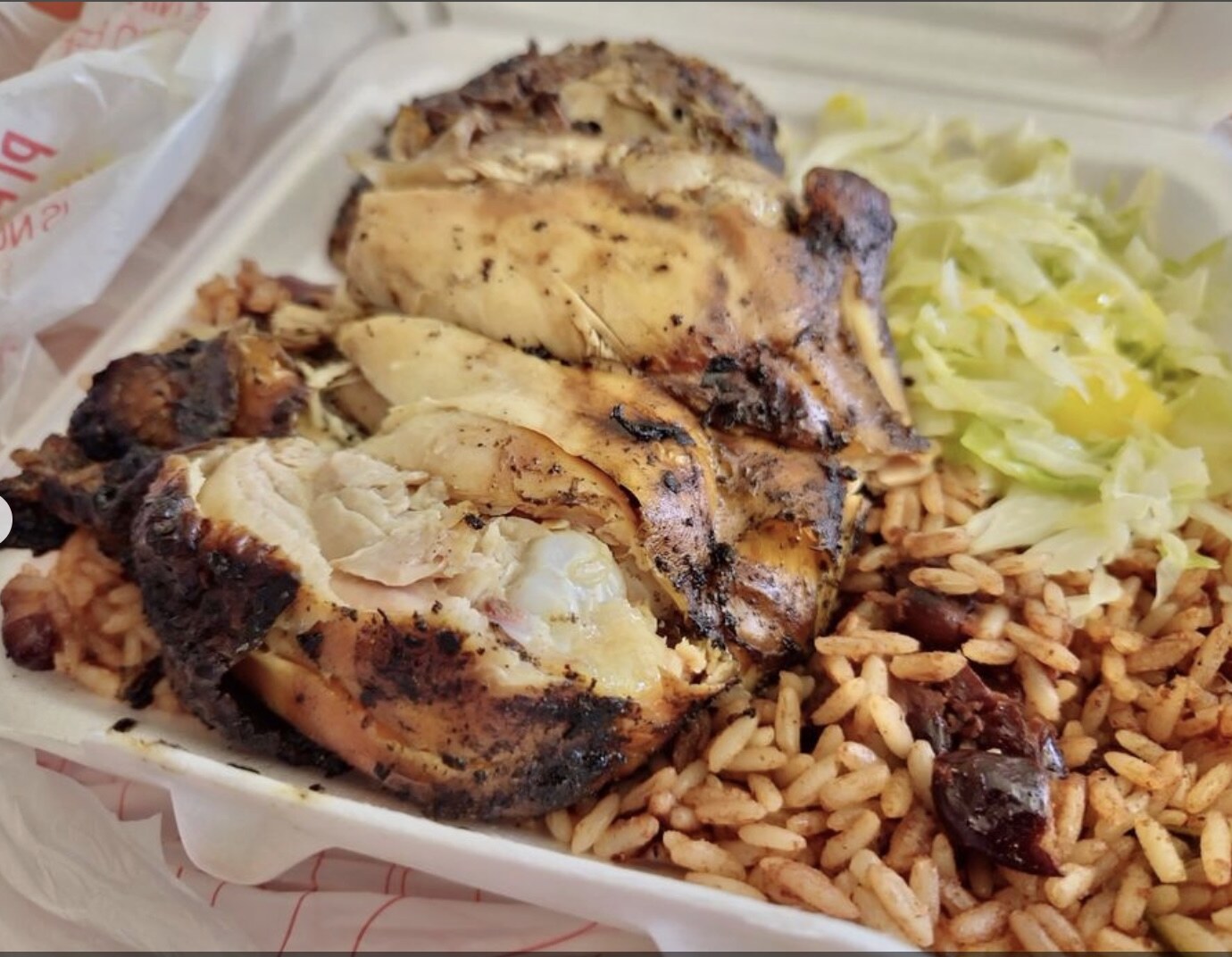 Uppa Yard Jerk Chicken, Cabbage & Rice plate